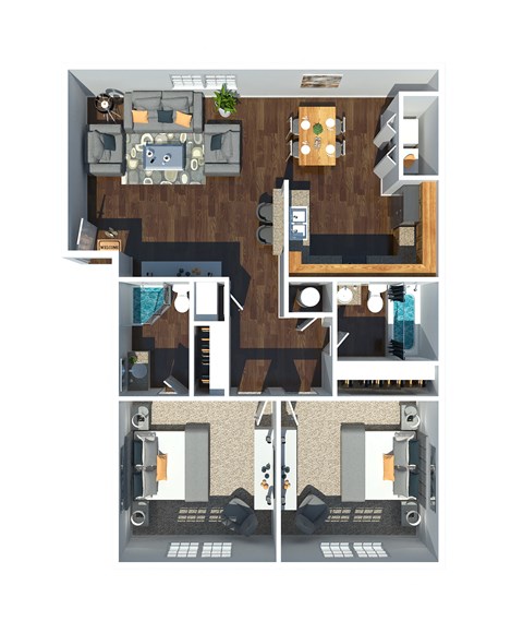 Floor plan for 2 beds, 2 baths, 890 sqft